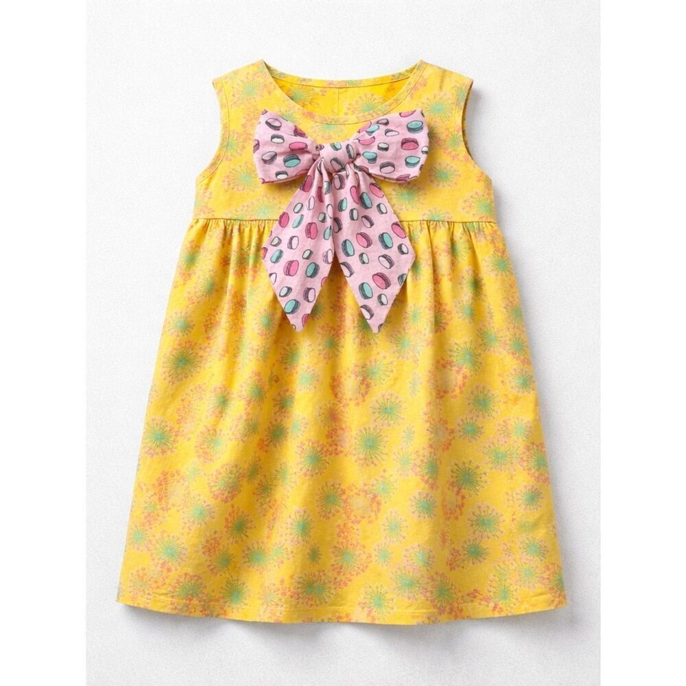 Jelly the Pug yellow & pink Paris Floral Puffy knit dress sleeveless bow size 7